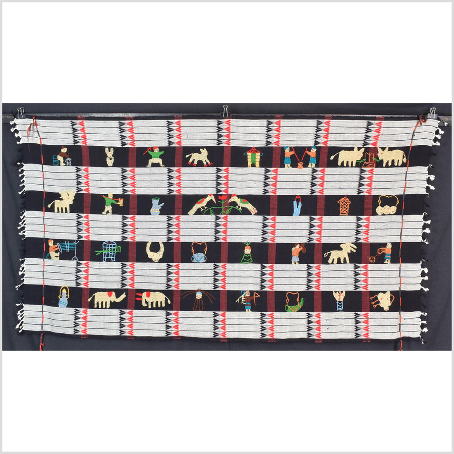Unusual gray black grid style cotton story quilt Naga tribal textile ethnic embroidered boho fabric Burma hill tribe tapestry Thailand India Hmong mp9
