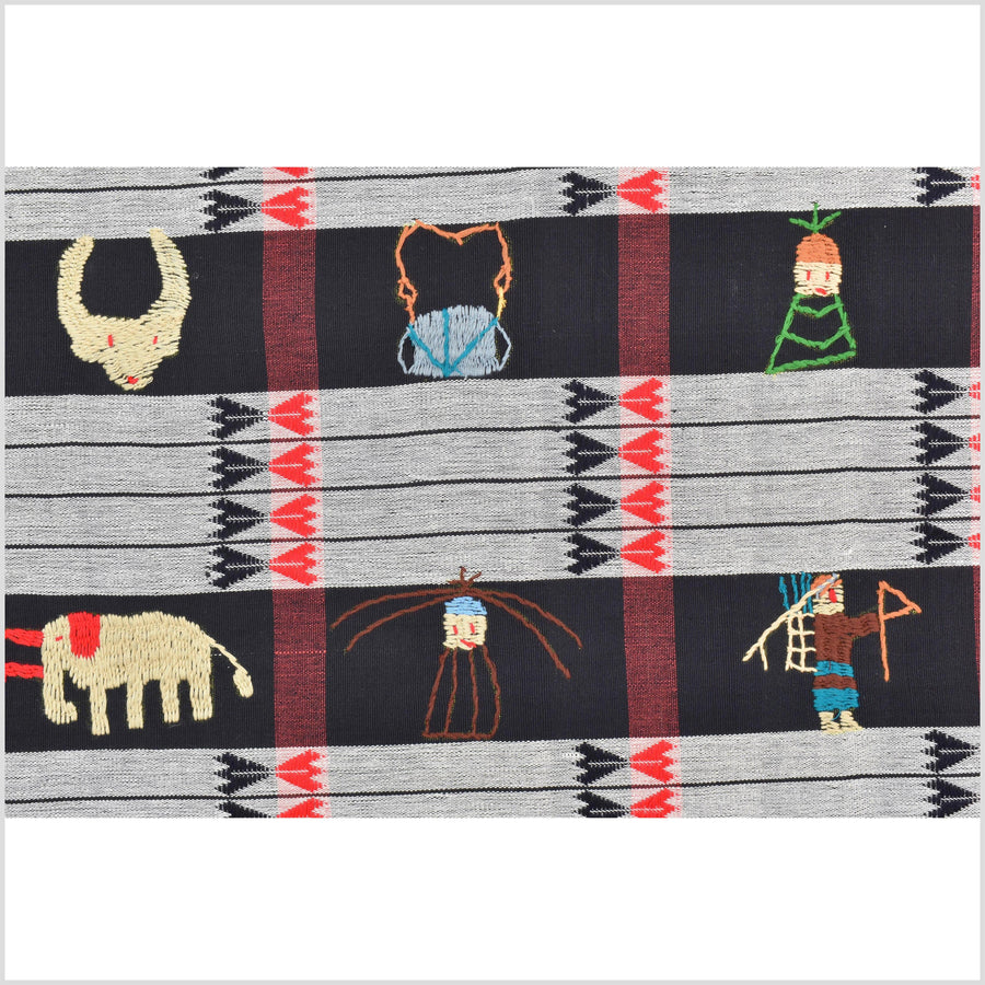 Unusual gray black grid style cotton story quilt Naga tribal textile ethnic embroidered boho fabric Burma hill tribe tapestry Thailand India Hmong mp9