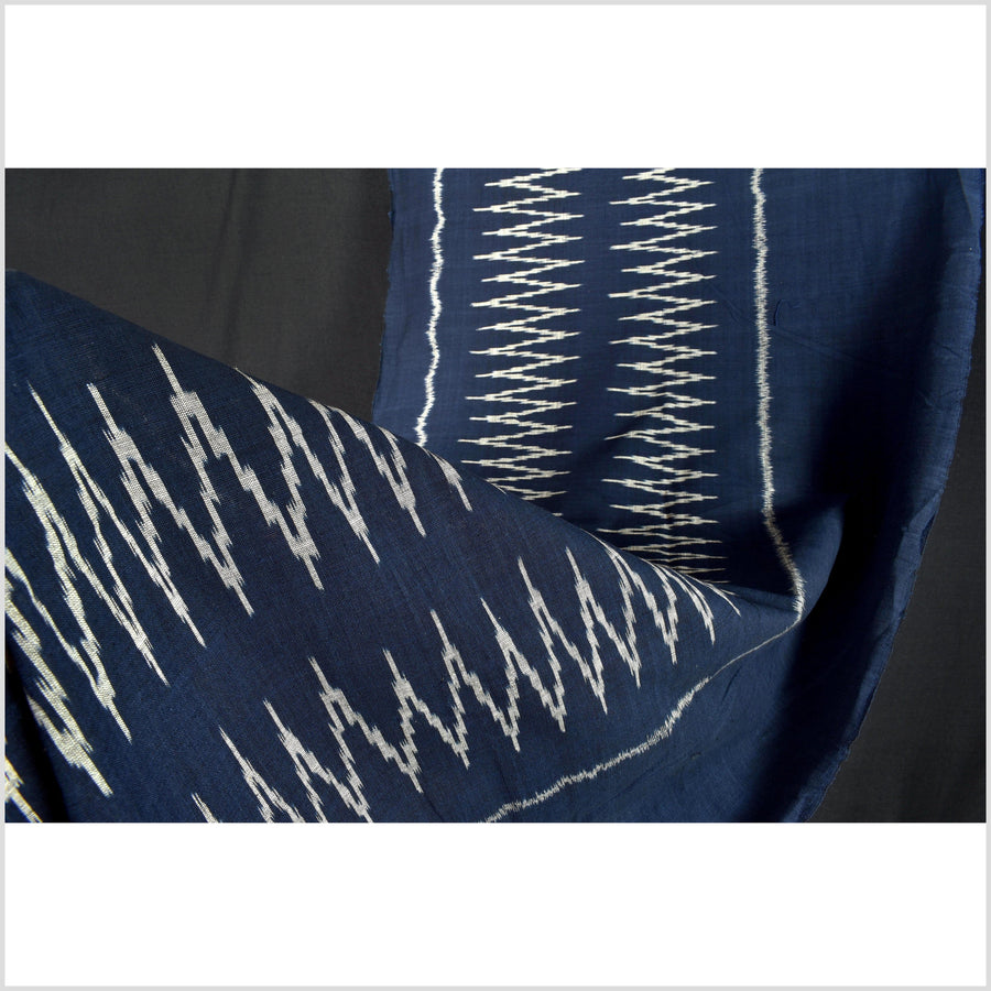 Ikat tribal tapestry, indigo blue, black & gray geometric pattern runner, Laos Tai Lue boho ethnic home decor, handwoven cotton skirt sarong Asian fabric OB13