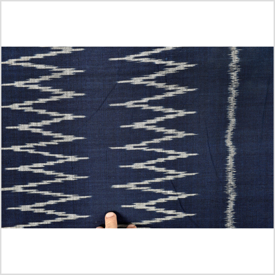 Ikat tribal tapestry, indigo blue, black & gray geometric pattern runner, Laos Tai Lue boho ethnic home decor, handwoven cotton skirt sarong Asian fabric OB13