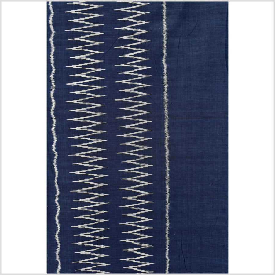 Ikat tribal tapestry, indigo blue, black & gray geometric pattern runner, Laos Tai Lue boho ethnic home decor, handwoven cotton skirt sarong Asian fabric OB13