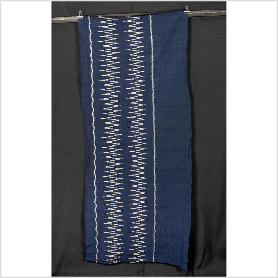 Ikat tribal tapestry, indigo blue, black & gray geometric pattern runner, Laos Tai Lue boho ethnic home decor, handwoven cotton skirt sarong Asian fabric OB13