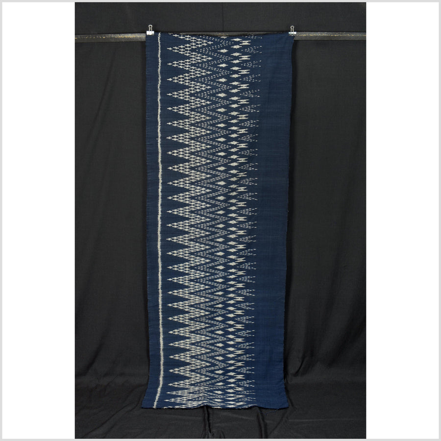 Ikat tribal tapestry, indigo blue, black & gray geometric pattern runner, Laos Tai Lue boho ethnic home decor, handwoven cotton skirt sarong Asian fabric OB14