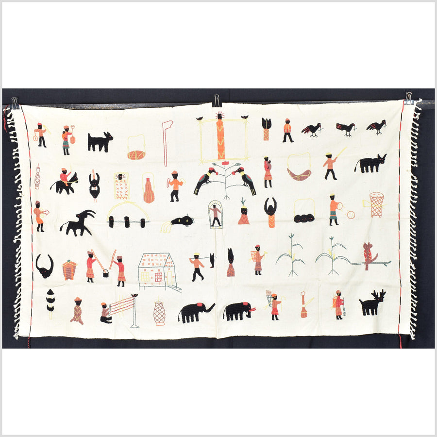 Warm off-white cotton story quilt Naga tribal textile ethnic embroidered boho fabric Burma hill tribe tapestry Thailand India Hmong OB153