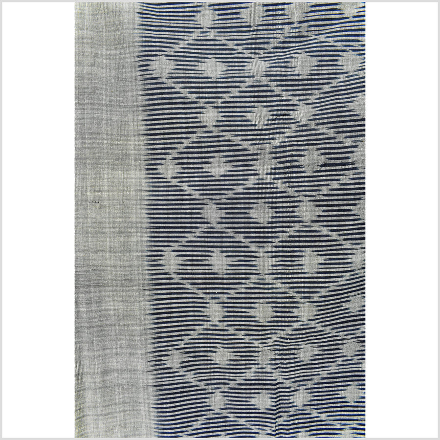 Ikat tribal tapestry, indigo blue, black & gray geometric pattern runner, Laos Tai Lue boho ethnic home decor, handwoven cotton skirt sarong Asian fabric OB15