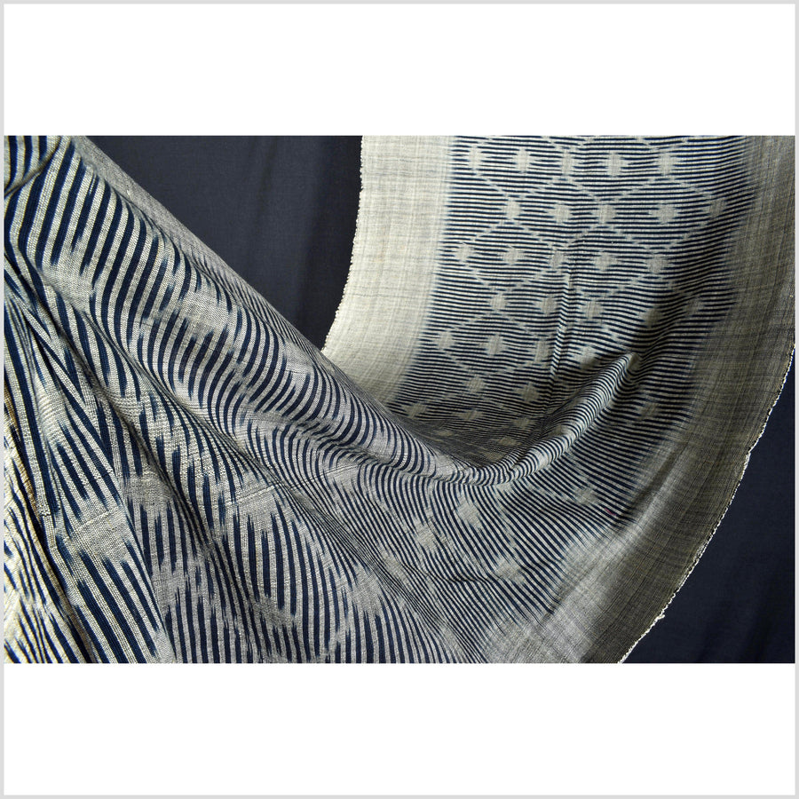 Ikat tribal tapestry, indigo blue, black & gray geometric pattern runner, Laos Tai Lue boho ethnic home decor, handwoven cotton skirt sarong Asian fabric OB15