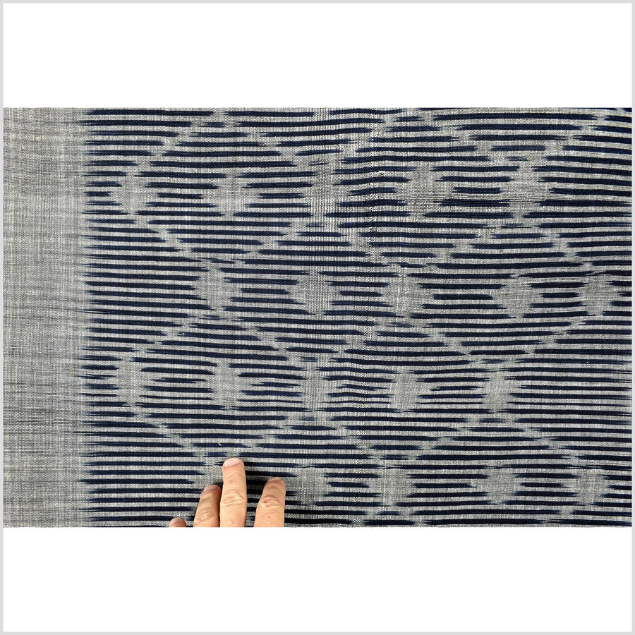 Ikat tribal tapestry, indigo blue, black & gray geometric pattern runner, Laos Tai Lue boho ethnic home decor, handwoven cotton skirt sarong Asian fabric OB15