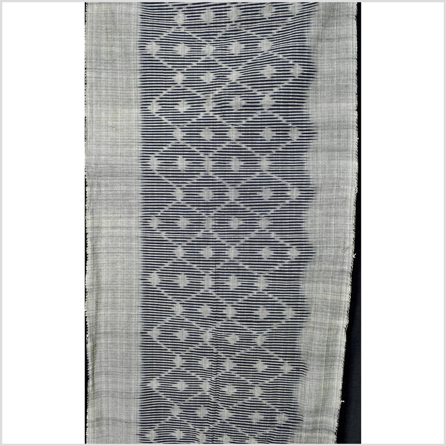 Ikat tribal tapestry, indigo blue, black & gray geometric pattern runner, Laos Tai Lue boho ethnic home decor, handwoven cotton skirt sarong Asian fabric OB15