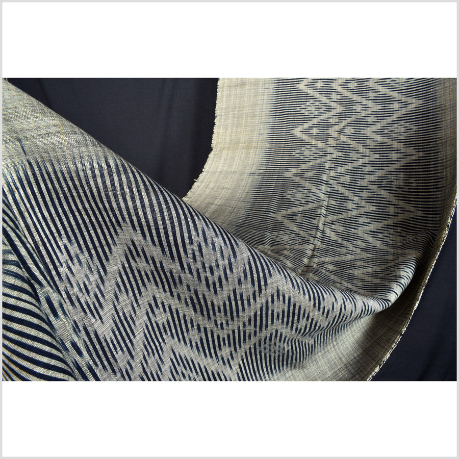 Ikat tribal tapestry, indigo blue, black & gray geometric pattern runner, Laos Tai Lue boho ethnic home decor, handwoven cotton skirt sarong Asian fabric OB16