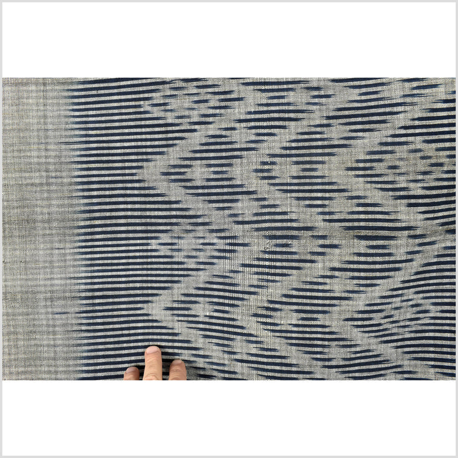 Ikat tribal tapestry, indigo blue, black & gray geometric pattern runner, Laos Tai Lue boho ethnic home decor, handwoven cotton skirt sarong Asian fabric OB16