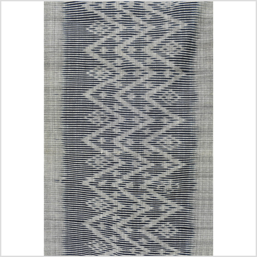 Ikat tribal tapestry, indigo blue, black & gray geometric pattern runner, Laos Tai Lue boho ethnic home decor, handwoven cotton skirt sarong Asian fabric OB16