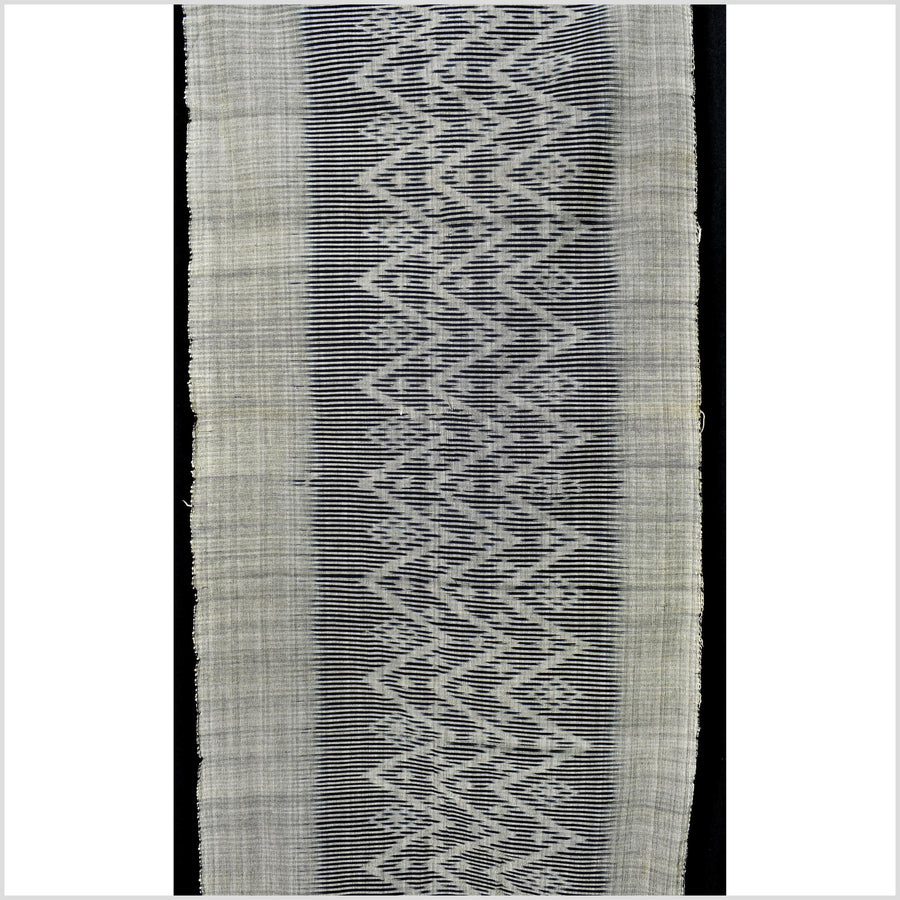 Ikat tribal tapestry, indigo blue, black & gray geometric pattern runner, Laos Tai Lue boho ethnic home decor, handwoven cotton skirt sarong Asian fabric OB16