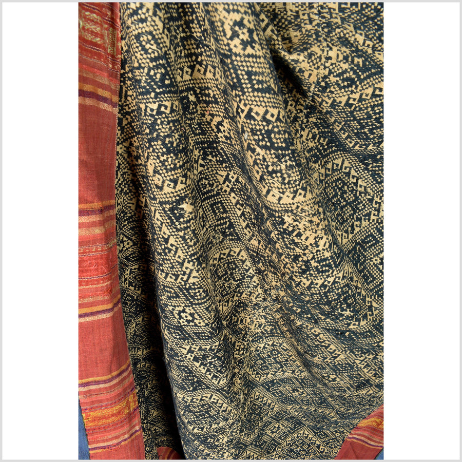 Vintage tribal tapestry, Laos ethnic textile TaiYai tribal cotton silk blanket Pha Hom Southeast Asia indigo blue sepia baby carrier OB170