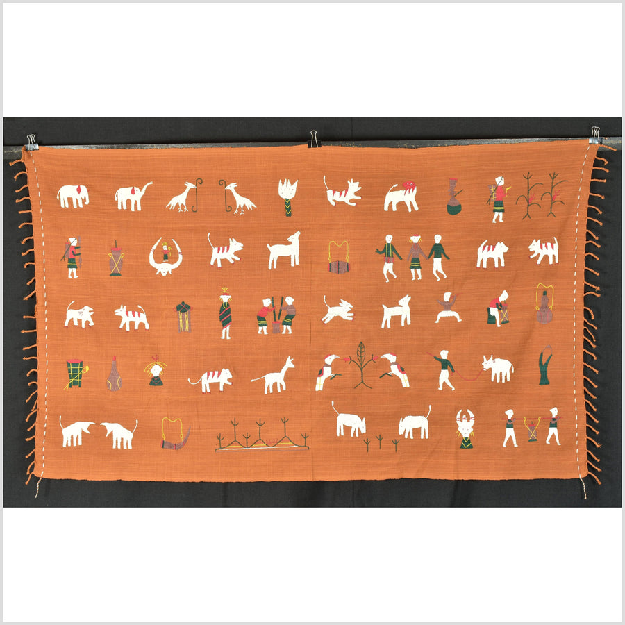 Burnt orange ocher cotton story quilt Naga tribal textile ethnic embroidered boho fabric Burma hill tribe tapestry Thailand India Hmong OB173