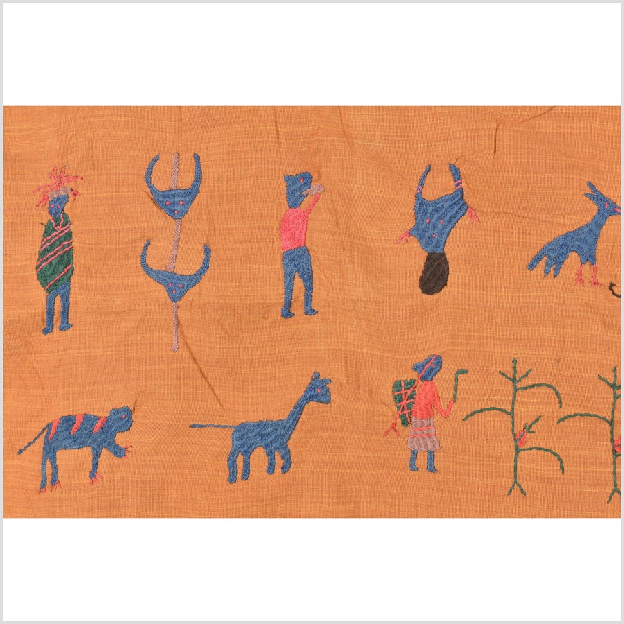 Burnt orange ocher cotton story quilt Naga tribal textile ethnic embroidered boho fabric Burma hill tribe tapestry Thailand India Hmong OB174