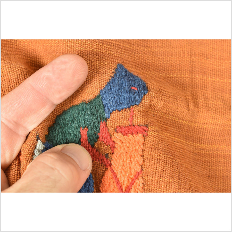 Burnt orange ocher cotton story quilt Naga tribal textile ethnic embroidered boho fabric Burma hill tribe tapestry Thailand India Hmong OB175