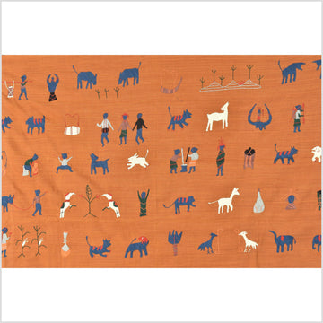 Burnt orange ocher cotton story quilt Naga tribal textile ethnic embroidered boho fabric Burma hill tribe tapestry Thailand India Hmong OB175