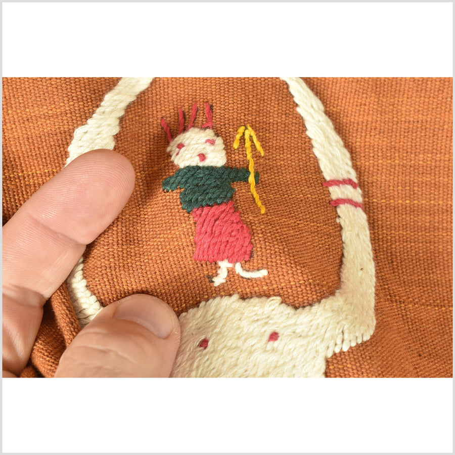 Burnt orange ocher cotton story quilt Naga tribal textile ethnic embroidered boho fabric Burma hill tribe tapestry Thailand India Hmong OB176