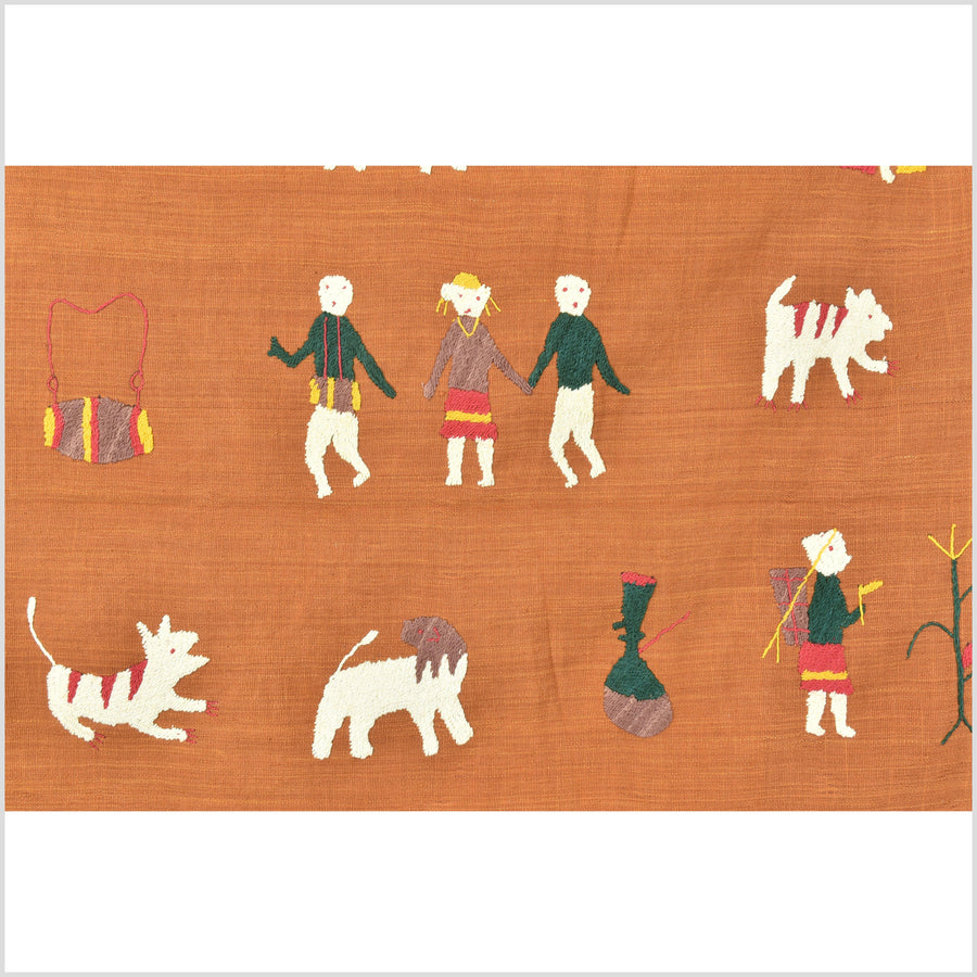 Burnt orange ocher cotton story quilt Naga tribal textile ethnic embroidered boho fabric Burma hill tribe tapestry Thailand India Hmong OB176