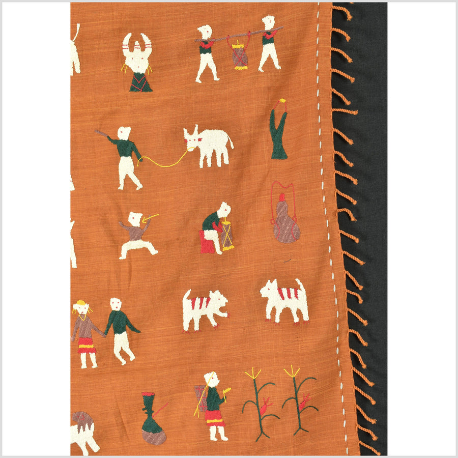 Burnt orange ocher cotton story quilt Naga tribal textile ethnic embroidered boho fabric Burma hill tribe tapestry Thailand India Hmong OB176