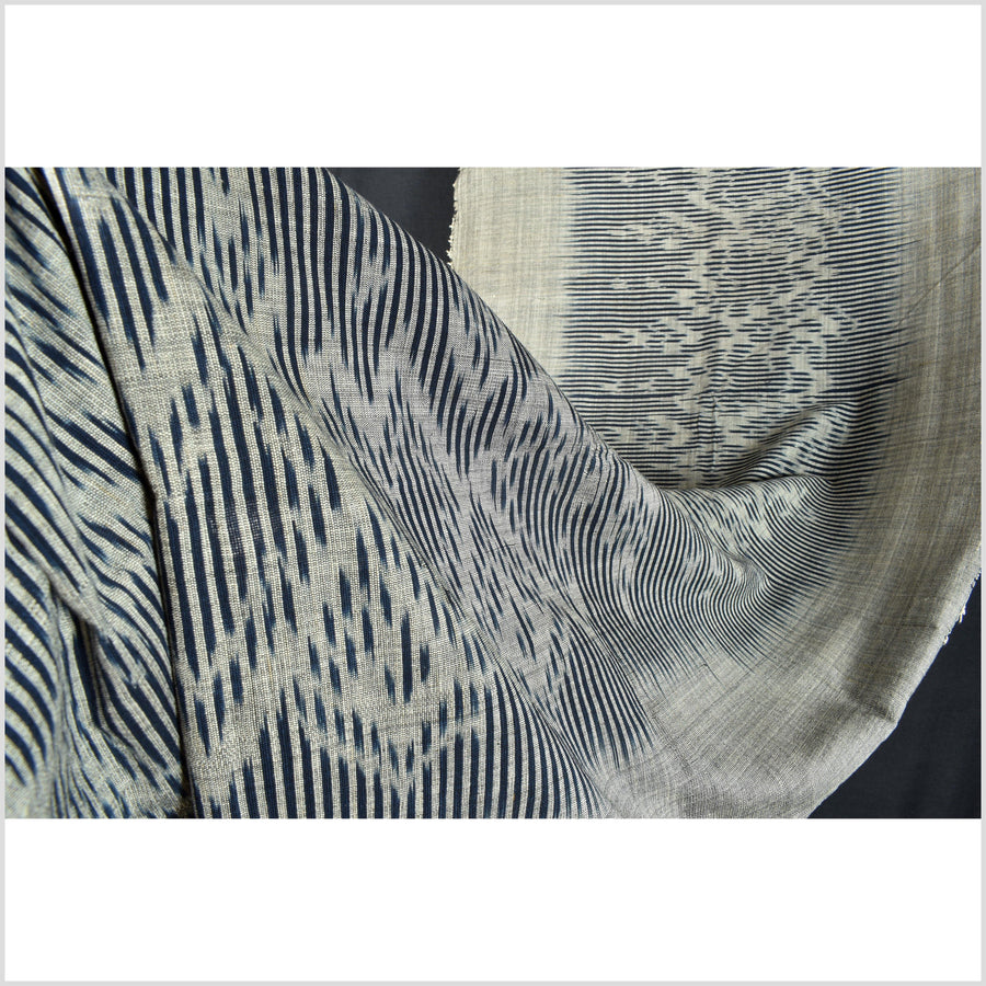 Ikat tribal tapestry, indigo blue, black & gray geometric pattern runner, Laos Tai Lue boho ethnic home decor, handwoven cotton skirt sarong Asian fabric OB17