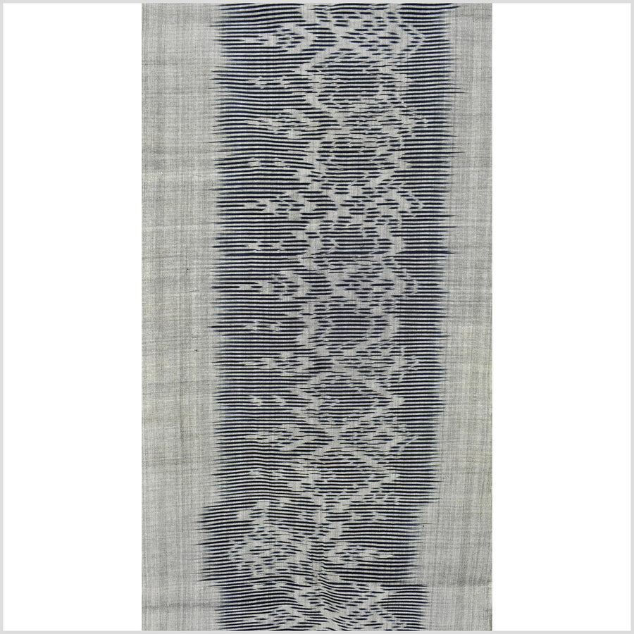 Ikat tribal tapestry, indigo blue, black & gray geometric pattern runner, Laos Tai Lue boho ethnic home decor, handwoven cotton skirt sarong Asian fabric OB17