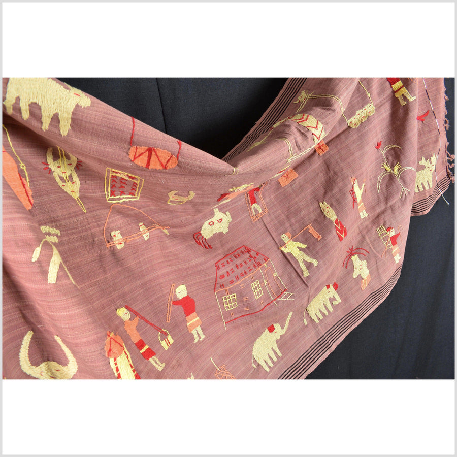 Rose blush pink mauve cotton story quilt Naga tribal textile ethnic embroidered boho fabric Burma hill tribe tapestry Thailand India Hmong OB181