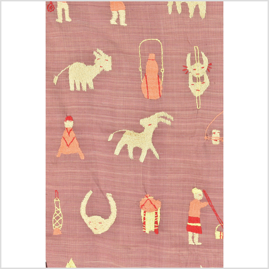 Rose blush pink mauve cotton story quilt Naga tribal textile ethnic embroidered boho fabric Burma hill tribe tapestry Thailand India Hmong OB181