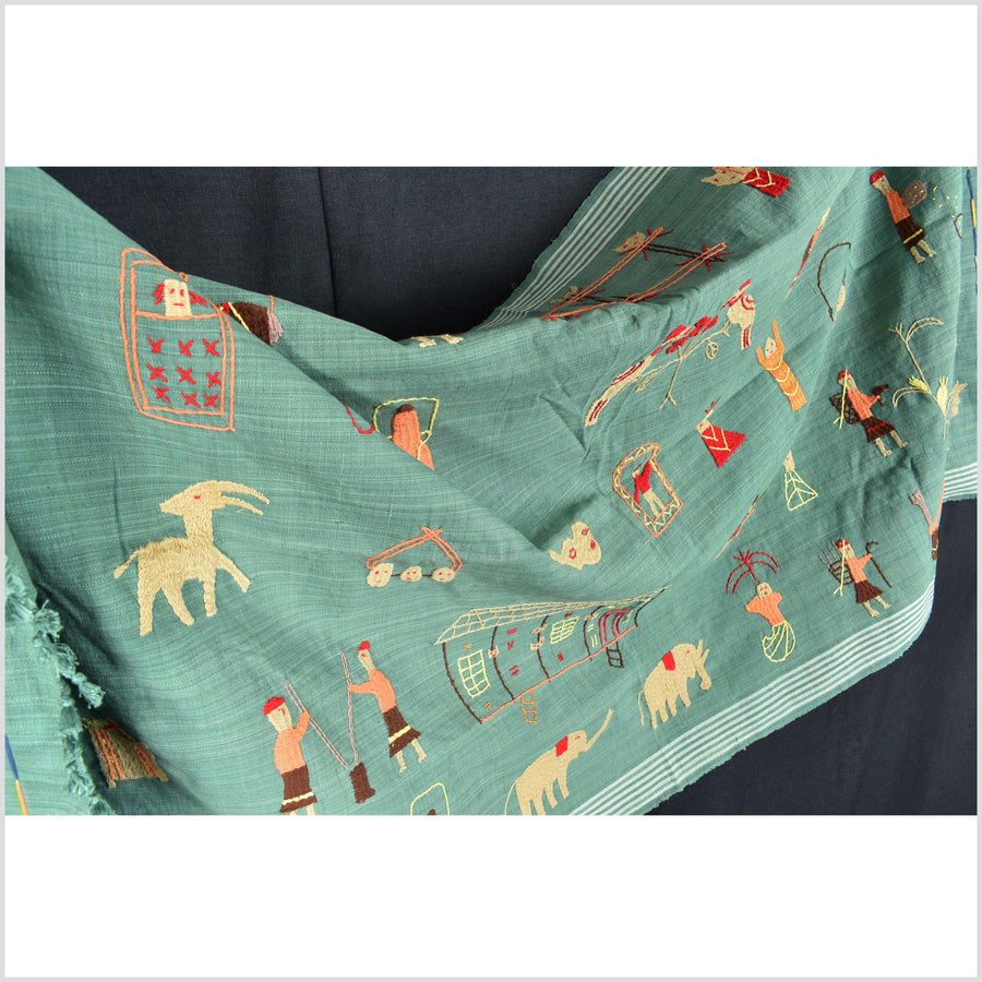 Mint green cotton story quilt Naga tribal textile ethnic embroidered boho fabric Burma hill tribe tapestry Thailand India Hmong OB183
