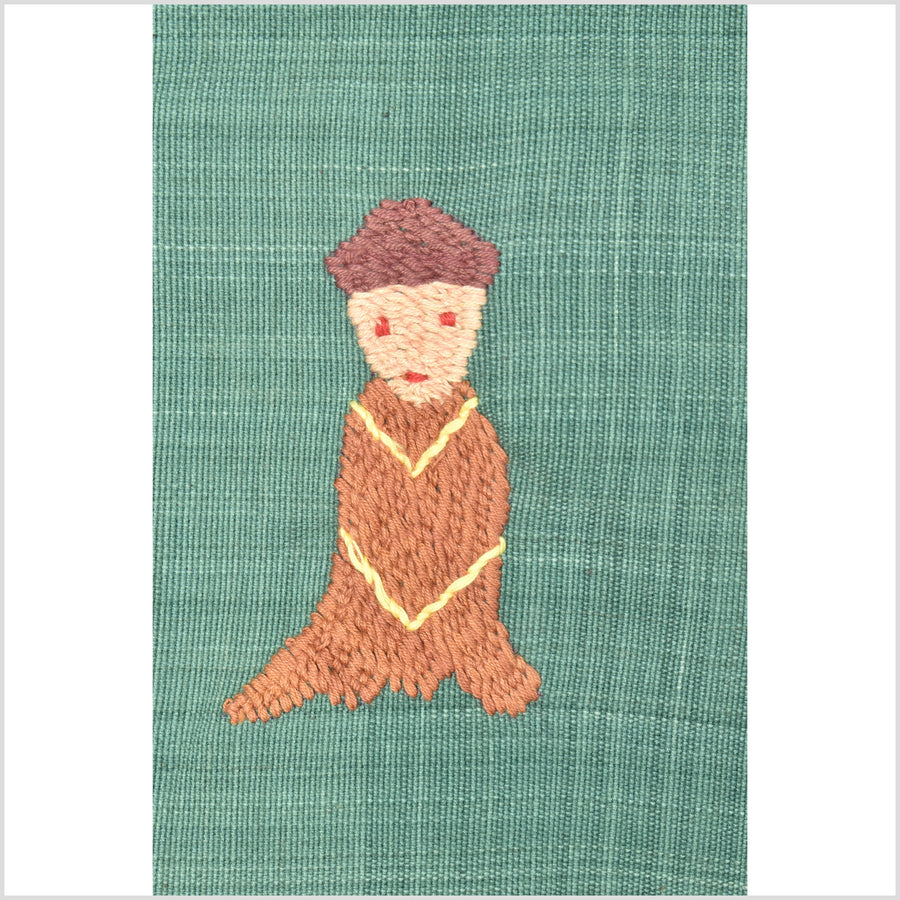 Mint green cotton story quilt Naga tribal textile ethnic embroidered boho fabric Burma hill tribe tapestry Thailand India Hmong OB184