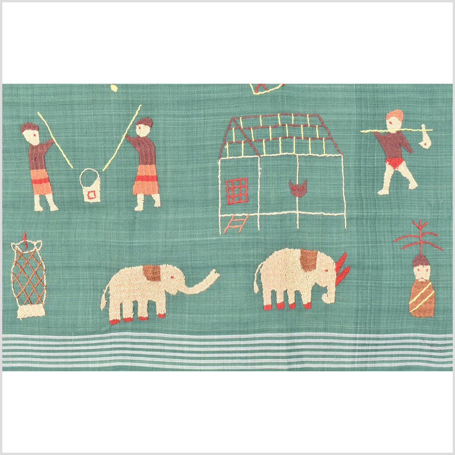 Mint green cotton story quilt Naga tribal textile ethnic embroidered boho fabric Burma hill tribe tapestry Thailand India Hmong OB184
