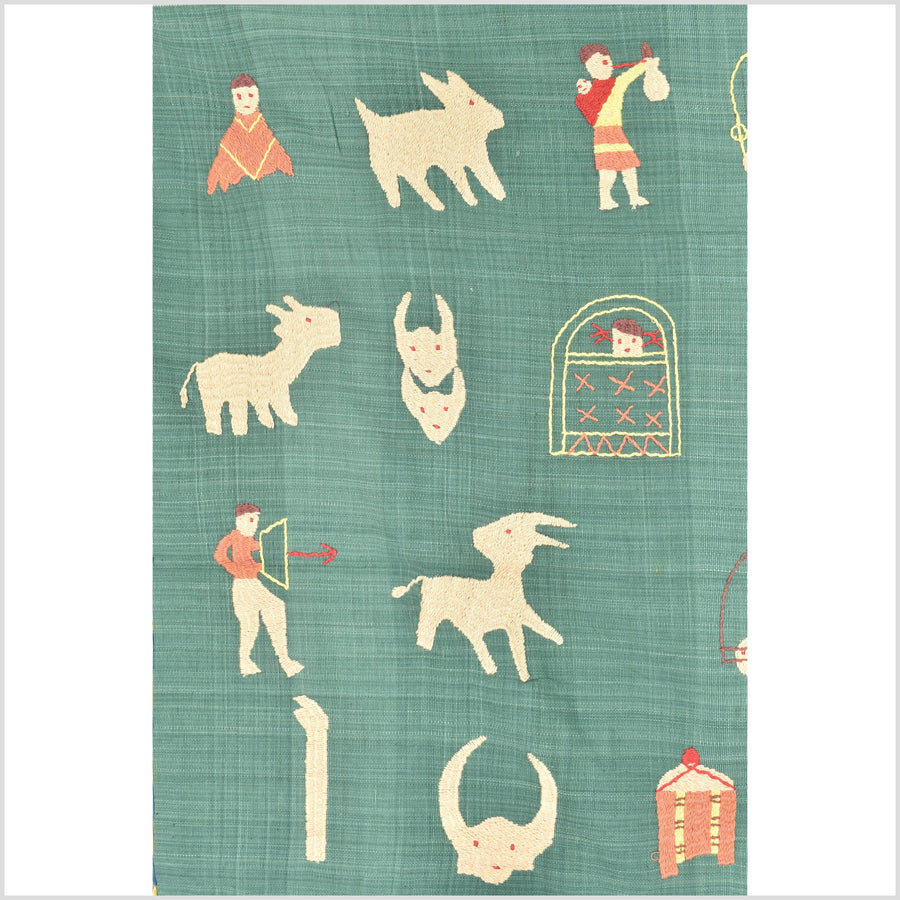 Mint green cotton story quilt Naga tribal textile ethnic embroidered boho fabric Burma hill tribe tapestry Thailand India Hmong OB184