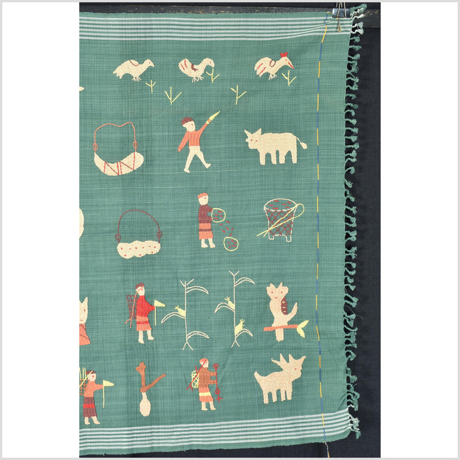 Mint green cotton story quilt Naga tribal textile ethnic embroidered boho fabric Burma hill tribe tapestry Thailand India Hmong OB184
