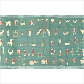 Mint green cotton story quilt Naga tribal textile ethnic embroidered boho fabric Burma hill tribe tapestry Thailand India Hmong OB184