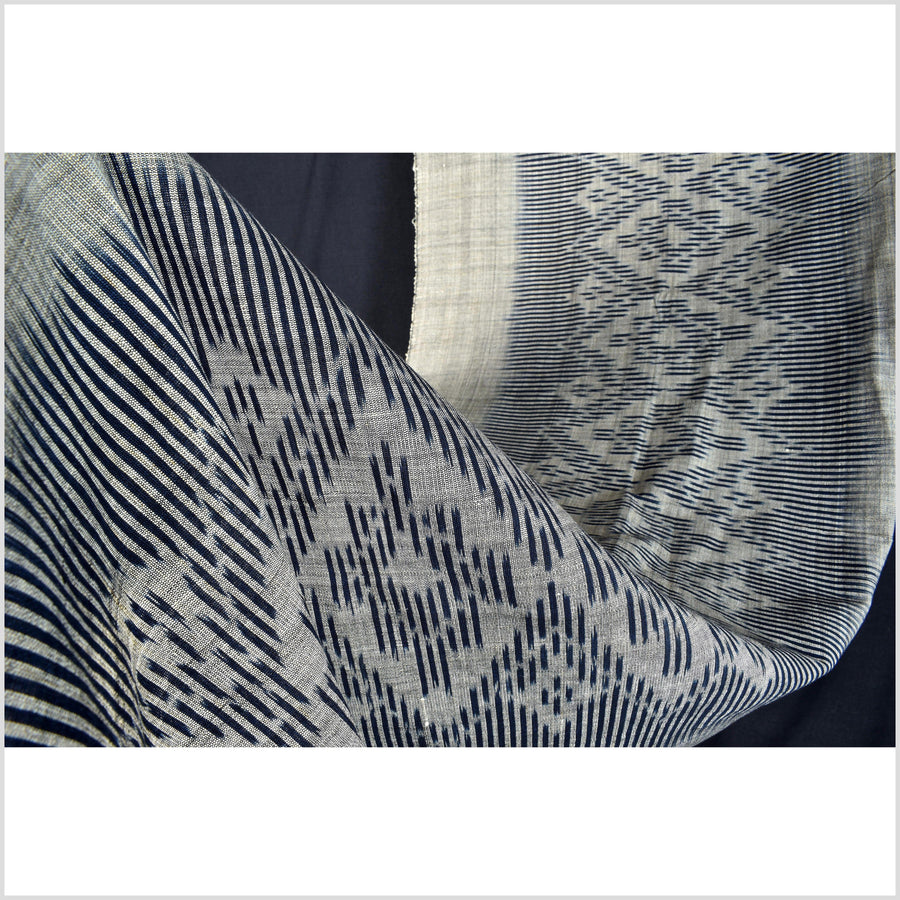 Ikat tribal tapestry, indigo blue, black & gray geometric pattern runner, Laos Tai Lue boho ethnic home decor, handwoven cotton skirt sarong Asian fabric OB18