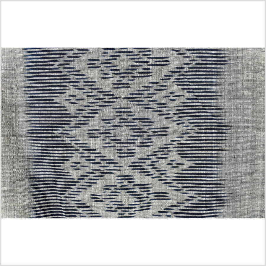 Ikat tribal tapestry, indigo blue, black & gray geometric pattern runner, Laos Tai Lue boho ethnic home decor, handwoven cotton skirt sarong Asian fabric OB18