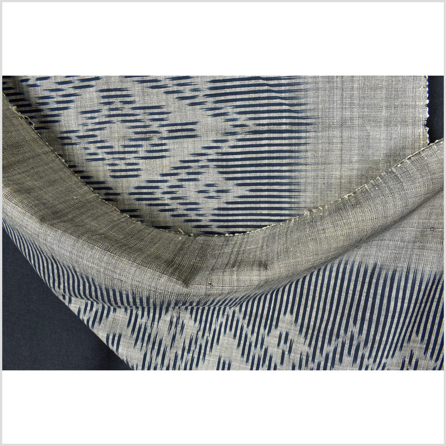 Ikat tribal tapestry, indigo blue, black & gray geometric pattern runner, Laos Tai Lue boho ethnic home decor, handwoven cotton skirt sarong Asian fabric OB18