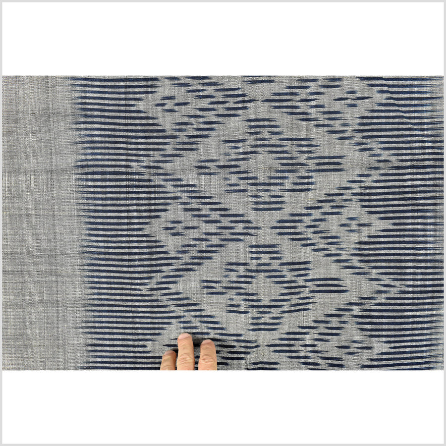 Ikat tribal tapestry, indigo blue, black & gray geometric pattern runner, Laos Tai Lue boho ethnic home decor, handwoven cotton skirt sarong Asian fabric OB18