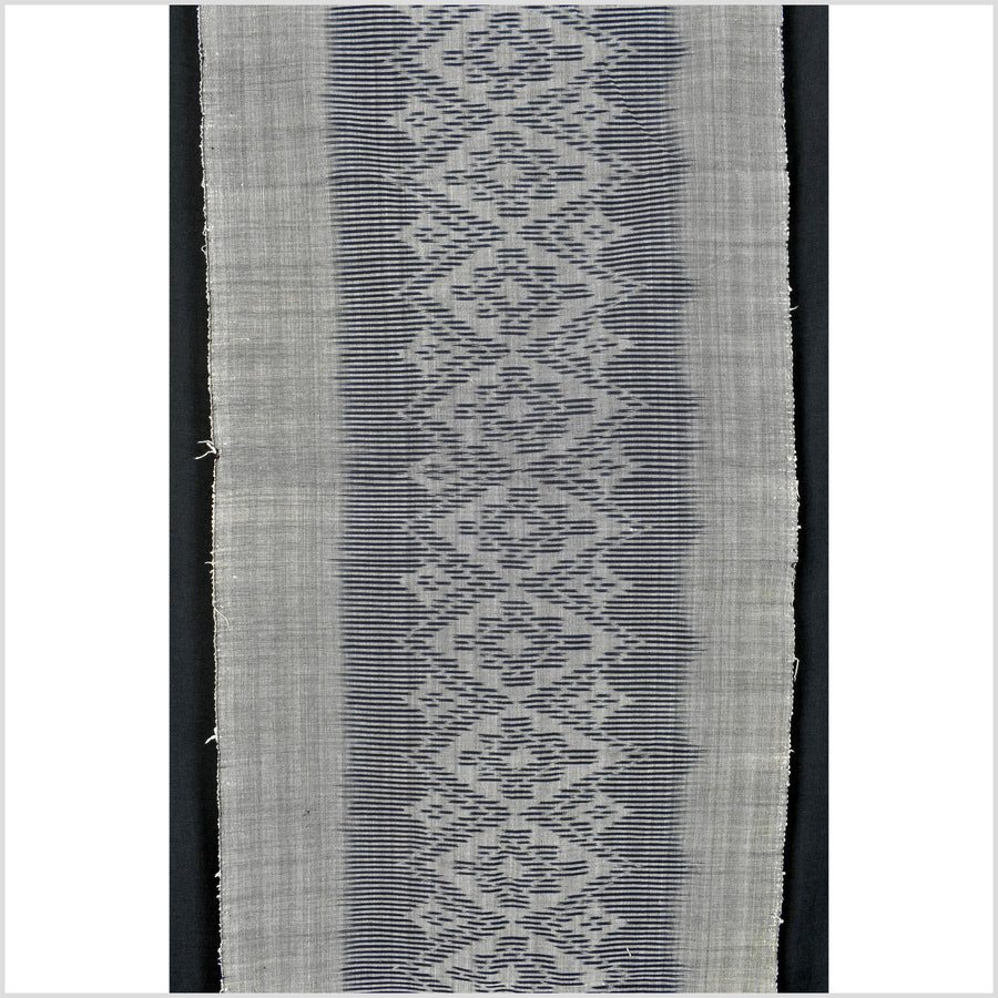 Ikat tribal tapestry, indigo blue, black & gray geometric pattern runner, Laos Tai Lue boho ethnic home decor, handwoven cotton skirt sarong Asian fabric OB18