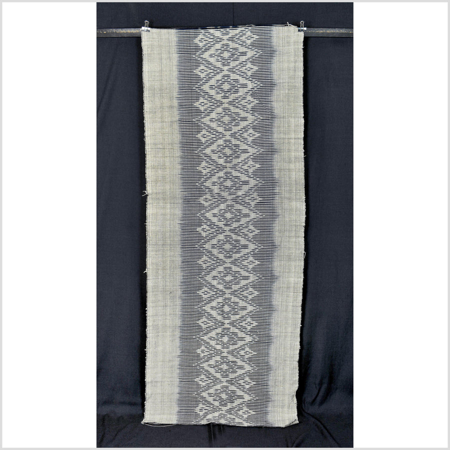 Ikat tribal tapestry, indigo blue, black & gray geometric pattern runner, Laos Tai Lue boho ethnic home decor, handwoven cotton skirt sarong Asian fabric OB18