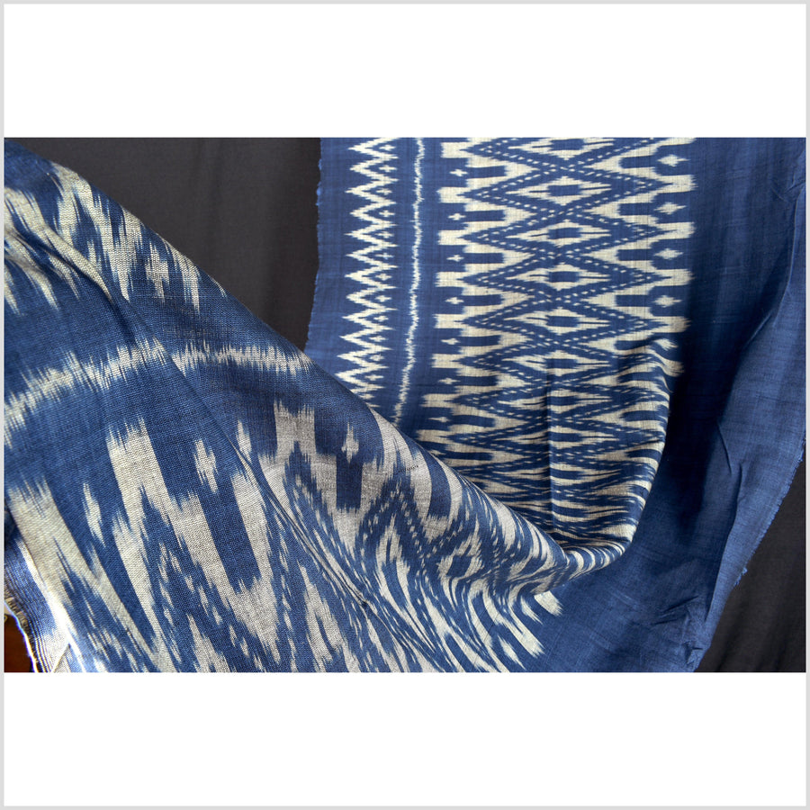 Ikat tribal tapestry, indigo blue, black & gray geometric pattern runner, Laos Tai Lue boho ethnic home decor, handwoven cotton skirt sarong Asian fabric OB19