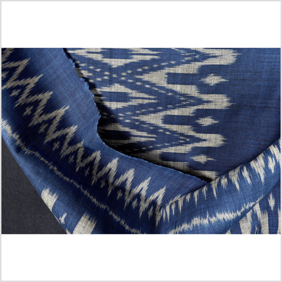 Ikat tribal tapestry, indigo blue, black & gray geometric pattern runner, Laos Tai Lue boho ethnic home decor, handwoven cotton skirt sarong Asian fabric OB19