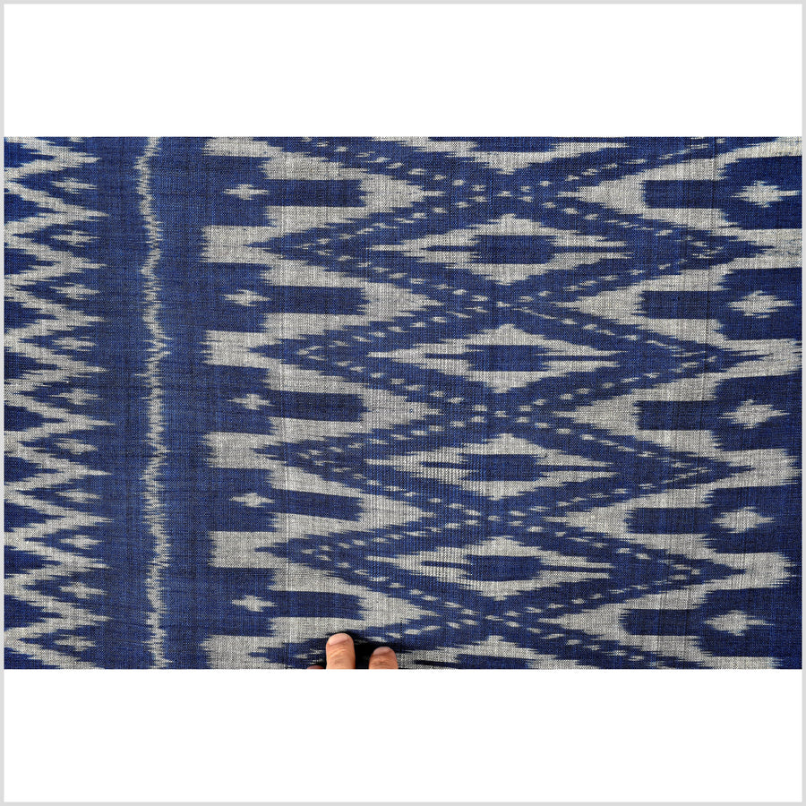 Ikat tribal tapestry, indigo blue, black & gray geometric pattern runner, Laos Tai Lue boho ethnic home decor, handwoven cotton skirt sarong Asian fabric OB19