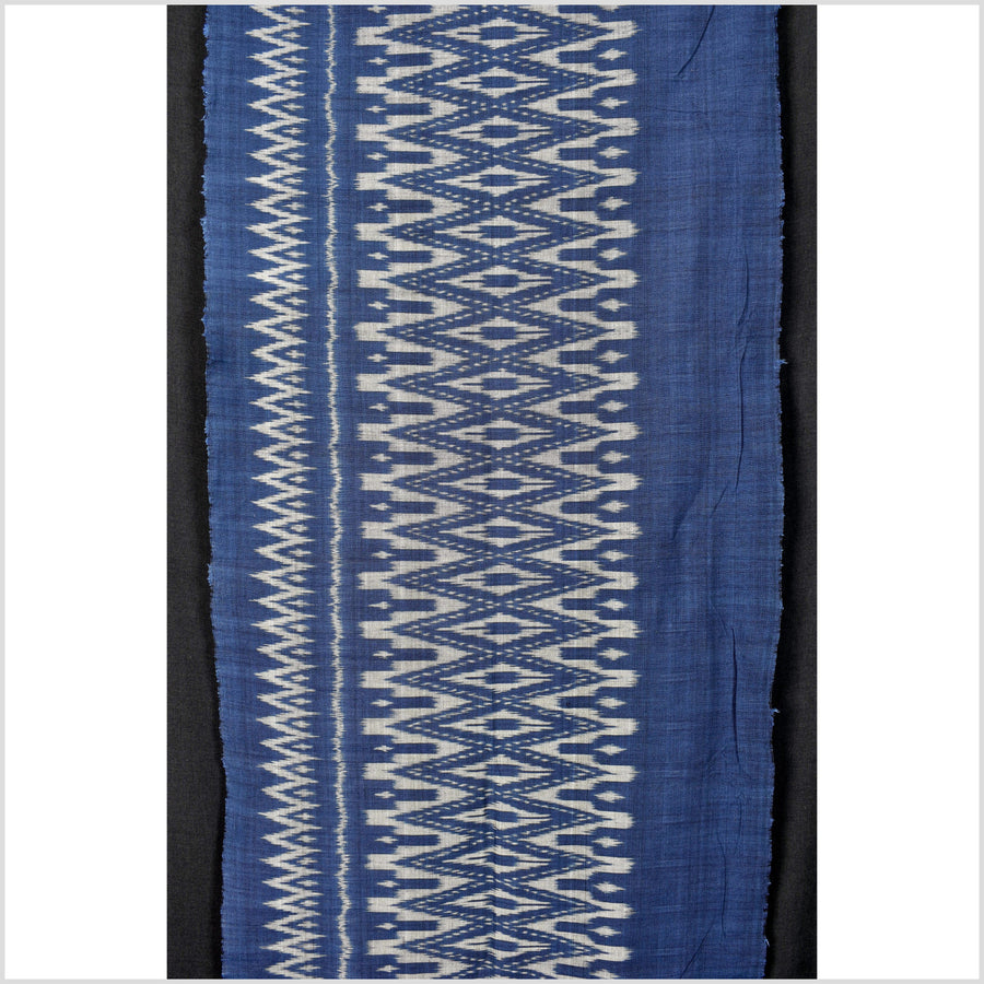 Ikat tribal tapestry, indigo blue, black & gray geometric pattern runner, Laos Tai Lue boho ethnic home decor, handwoven cotton skirt sarong Asian fabric OB19