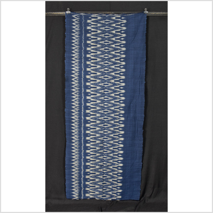 Ikat tribal tapestry, indigo blue, black & gray geometric pattern runner, Laos Tai Lue boho ethnic home decor, handwoven cotton skirt sarong Asian fabric OB19