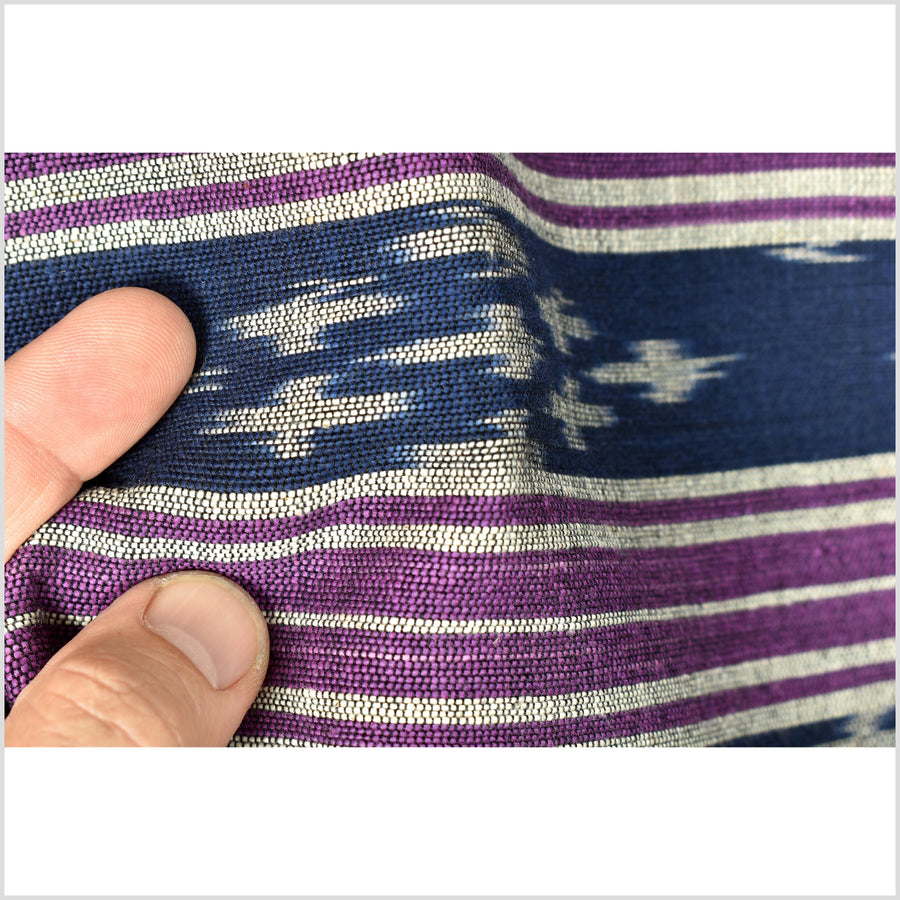 Ikat tribal tapestry, indigo blue, black, gray and purple stripe pattern runner, Laos Tai Lue boho ethnic home decor, handwoven cotton skirt sarong Asian fabric OB20