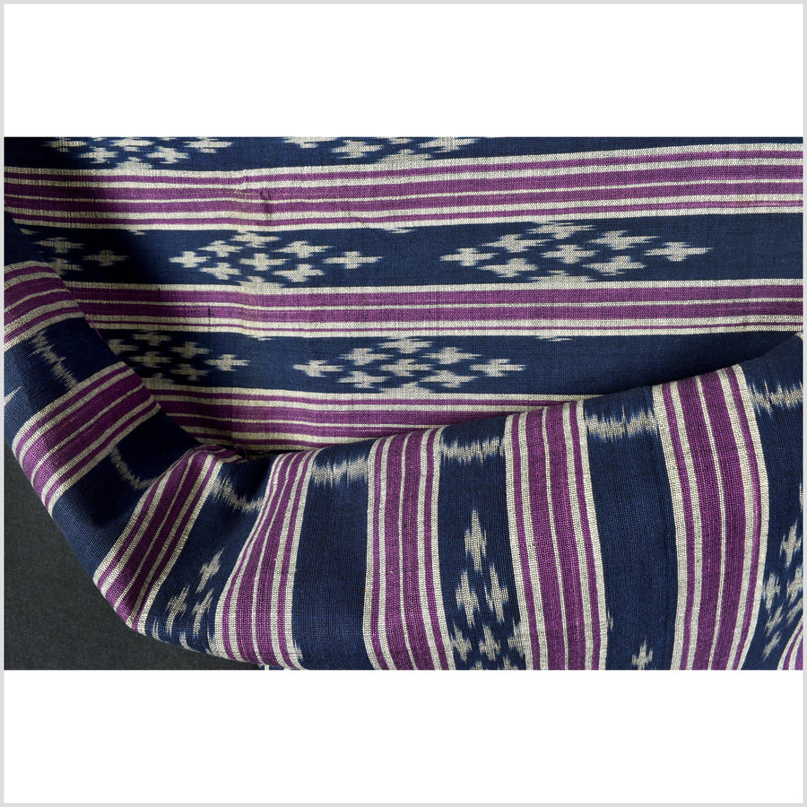 Ikat tribal tapestry, indigo blue, black, gray and purple stripe pattern runner, Laos Tai Lue boho ethnic home decor, handwoven cotton skirt sarong Asian fabric OB20