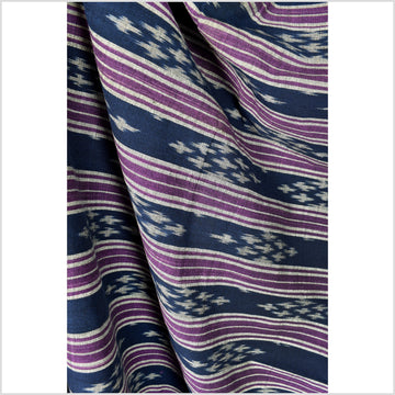 Ikat tribal tapestry, indigo blue, black, gray and purple stripe pattern runner, Laos Tai Lue boho ethnic home decor, handwoven cotton skirt sarong Asian fabric OB20
