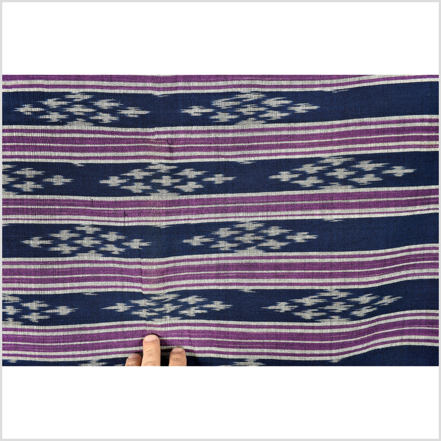 Ikat tribal tapestry, indigo blue, black, gray and purple stripe pattern runner, Laos Tai Lue boho ethnic home decor, handwoven cotton skirt sarong Asian fabric OB20