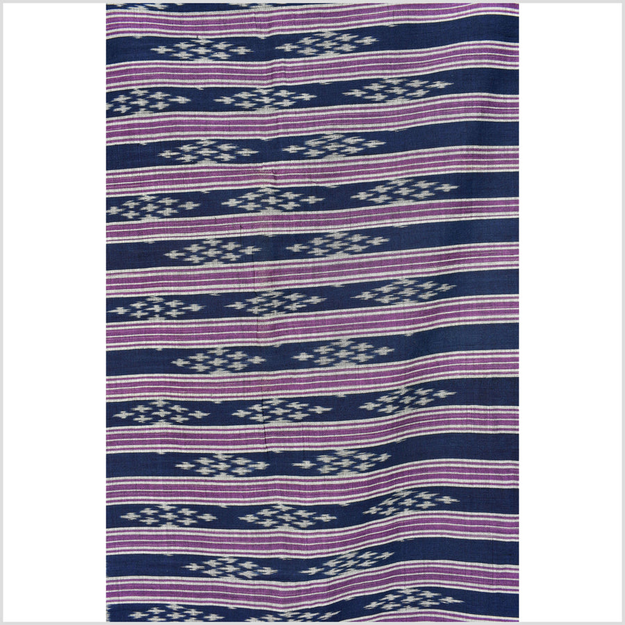 Ikat tribal tapestry, indigo blue, black, gray and purple stripe pattern runner, Laos Tai Lue boho ethnic home decor, handwoven cotton skirt sarong Asian fabric OB20